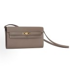 HERMES Kelly To Go gold buckle crossbody wallet for regular women, 18 Etoupe Elephant grey